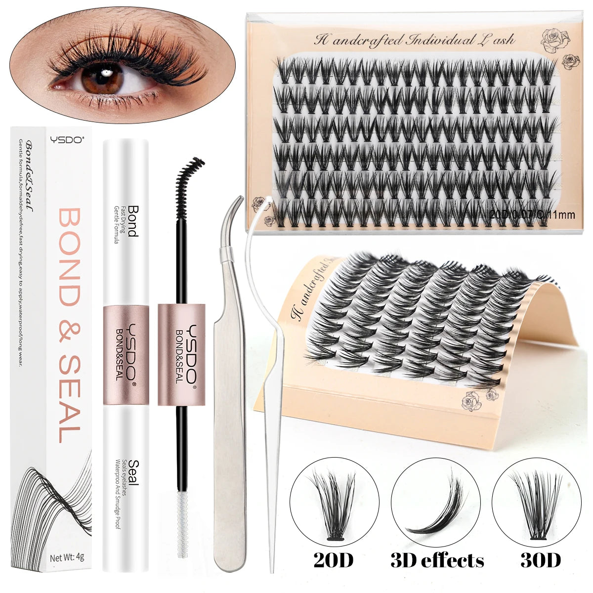 10D/20D/30D Fake Eyelashes Extensions Kit Lash Bond and Seal False Eyelashes Makeup Set DIY Long Lashes Clusters Make up Tool