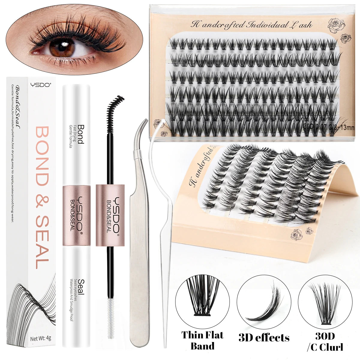 10D/20D/30D Fake Eyelashes Extensions Kit Lash Bond and Seal False Eyelashes Makeup Set DIY Long Lashes Clusters Make up Tool