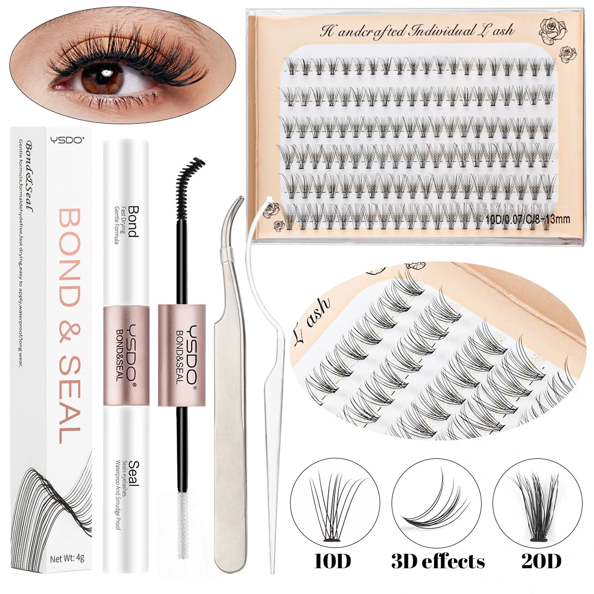 10D/20D/30D Fake Eyelashes Extensions Kit Lash Bond and Seal False Eyelashes Makeup Set DIY Long Lashes Clusters Make up Tool